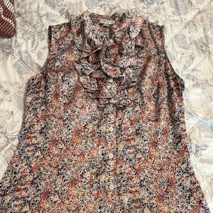 Ruffled colorful Tahari blouse, size small, sleeveless button up